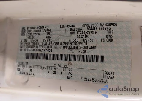 2004 Ford E-350 Super Duty Commercial/Recreational z USA, uszkodzony, nr VIN 1FTSE34L44HA97405